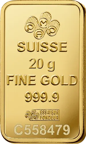 Rückseite Goldbarren Suisse Fortuna 20 Gramm, der Hersteller PAMP