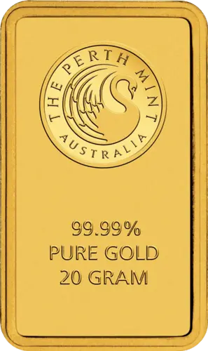 Vorderseite Goldbarren 20 Gramm, der Hersteller Perth Mint