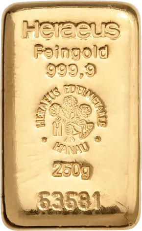 Vorderseite Goldbarren 250 Gramm, der Hersteller Heraeus