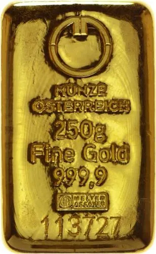 Vorderseite Goldbarren 250 Gramm, der Hersteller Münze Österreich