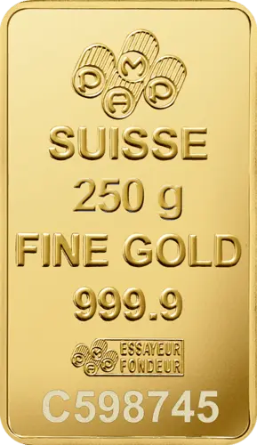 Rückseite Goldbarren Suisse Fortuna 250 Gramm, der Hersteller PAMP