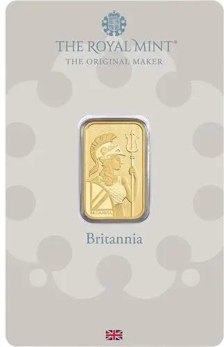 Vorderseite Goldbarren Britannia 5 g in spezieller Blisterkarte mit Zertifikat, der Hersteller Royal Mint