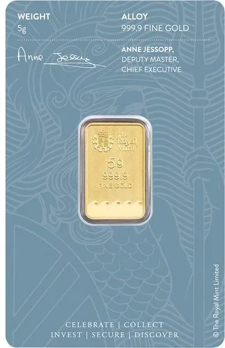 Rückseite Goldbarren Britannia 5 g in spezieller Blisterkarte mit Zertifikat, der Hersteller Royal Mint