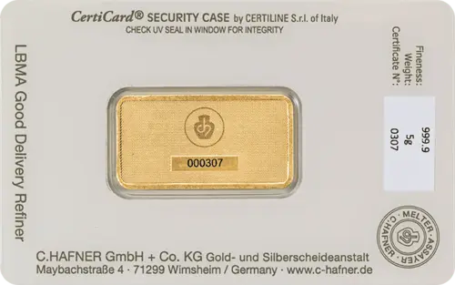 Rückseite Goldbarren 5 Gramm in spezieller Blisterkarte mit Zertifikat, der Hersteller C. Hafner