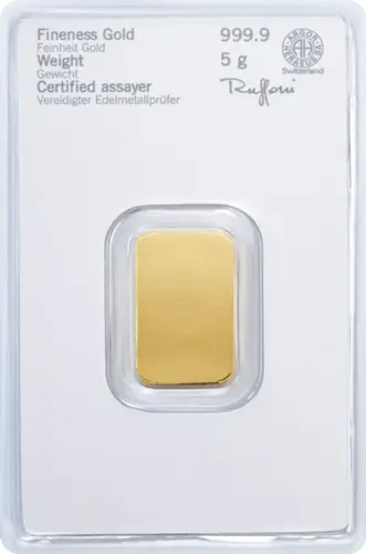 Rückseite Goldbarren 5 Gramm in spezieller Blisterkarte mit Zertifikat, der Hersteller Heraeus