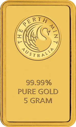 Vorderseite Goldbarren 5 Gramm, der Hersteller Perth Mint