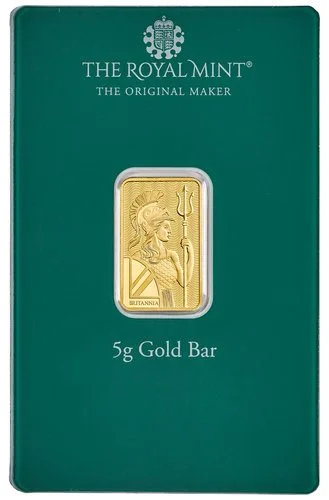 Vorderseite Goldbarren Britannia Christams 5 g in spezieller Blisterkarte mit Zertifikat, der Hersteller Royal Mint