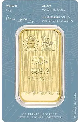 Rückseite Goldbarren Britannia 50 g in spezieller Blisterkarte mit Zertifikat, der Hersteller Royal Mint