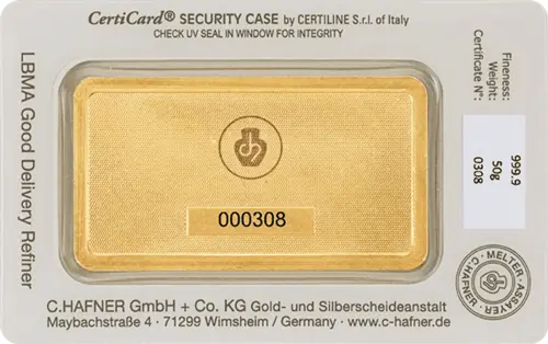 Rückseite Goldbarren 50 Gramm in spezieller Blisterkarte mit Zertifikat, der Hersteller C. Hafner