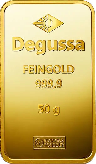 Vorderseite Goldbarren 50 Gramm, der Hersteller Degussa