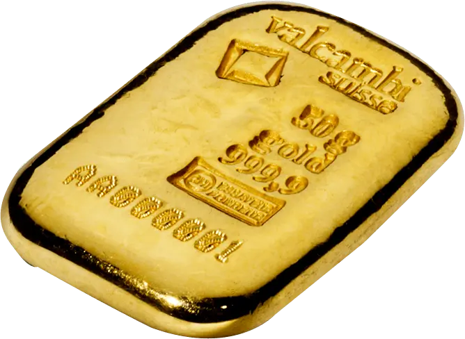 Obenansicht Goldbarren 50 Gramm, der Hersteller Valcambi