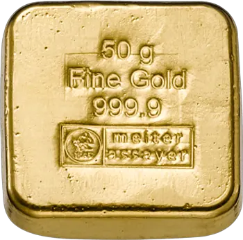 Rückseite Goldbarren 50 Gramm, der Hersteller Heimerle & Meule