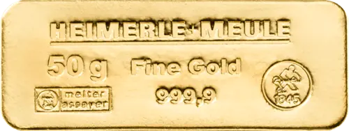 Vorderseite Goldbarren 50 Gramm, der Hersteller Heimerle & Meule