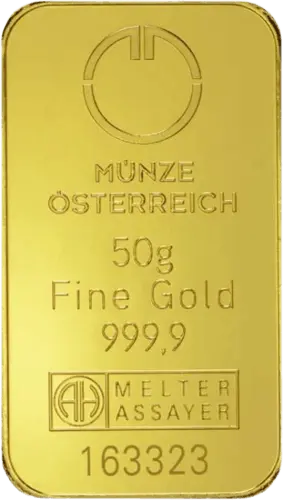 Vorderseite Goldbarren 50 Gramm, der Hersteller Münze Österreich