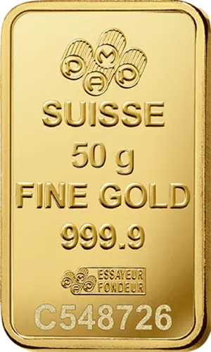 Rückseite Goldbarren Suisse Fortuna 50 Gramm, der Hersteller PAMP