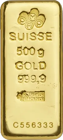 Vorderseite Goldbarren Suisse 500 Gramm, der Hersteller PAMP