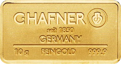 Vorderseite Goldbarren 10 Gramm, der Hersteller C. Hafner