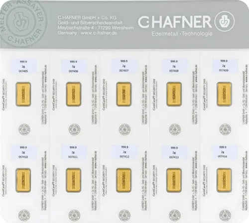 Rückseite Goldbarren SmartPack 10x2 Gramm in spezieller Blisterkarte mit Zertifikat, der Hersteller C. Hafner