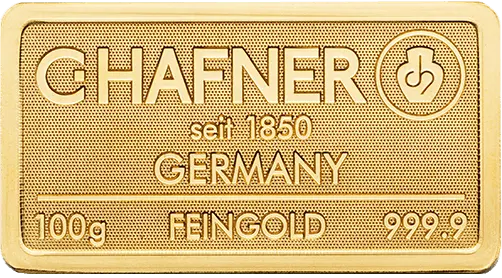 Vorderseite Goldbarren 100 Gramm, der Hersteller C. Hafner