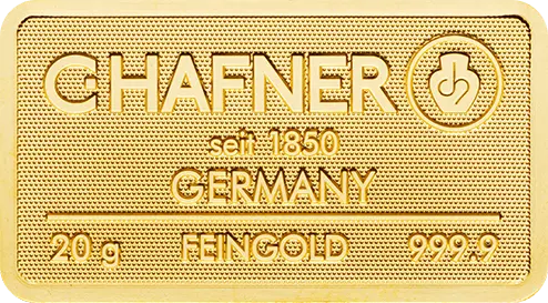 Vorderseite Goldbarren 20 Gramm, der Hersteller C. Hafner