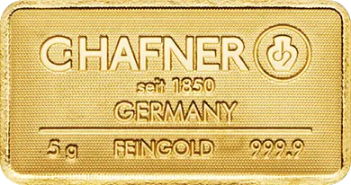 Vorderseite Goldbarren 5 Gramm, der Hersteller C. Hafner