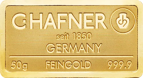 Vorderseite Goldbarren 50 Gramm, der Hersteller C. Hafner