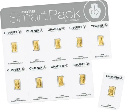 Vorderseite Goldbarren SmartPack 10x2 Gramm in spezieller Blisterkarte mit Zertifikat, der Hersteller C. Hafner