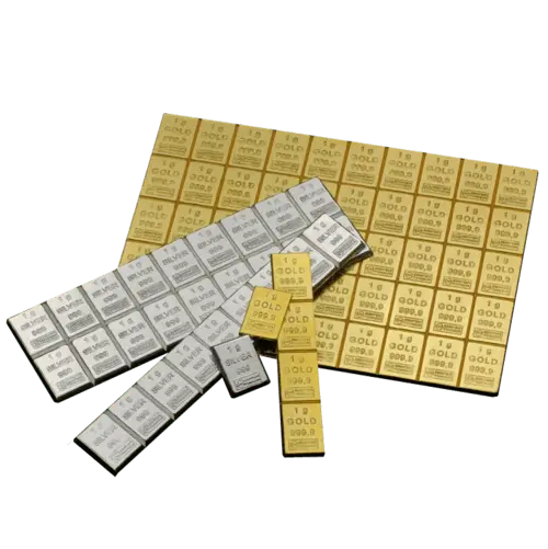 Obensicht mehrere Goldbarren Combibar Goldtafel 5x1 Gramm, der Hersteller Valcambi