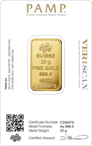 Rückseite Goldbarren Suisse Fortuna 20 Gramm in spezieller Blisterkarte mit Zertifikat, der Hersteller PAMP