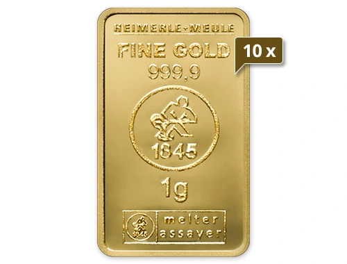 10 x 1 g Goldbarren Heimerle und Meule geprägt