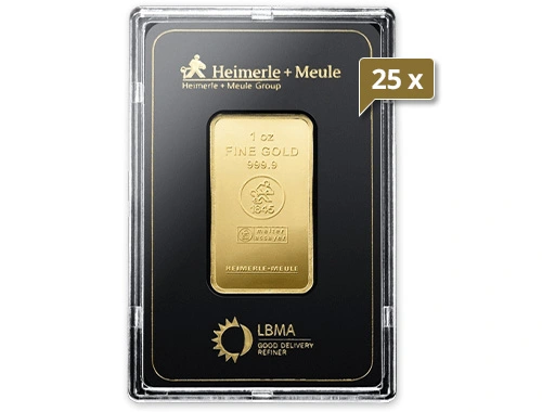 25 x 1 Unze Goldbarren Heimerle und Meule geprägt