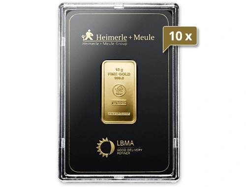 10 x 10 g Goldbarren Heimerle und Meule geprägt