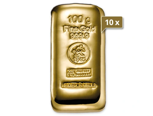 10 x 100 g Goldbarren Heimerle und Meule gegossen