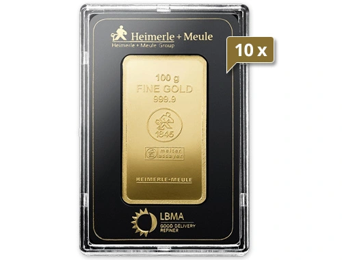 10 x 100 g Goldbarren Heimerle und Meule geprägt