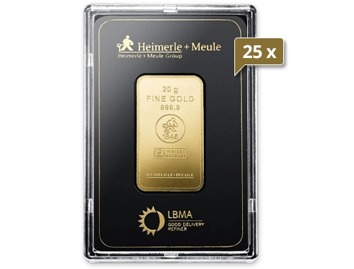 25 x 20 g Goldbarren Heimerle und Meule geprägt