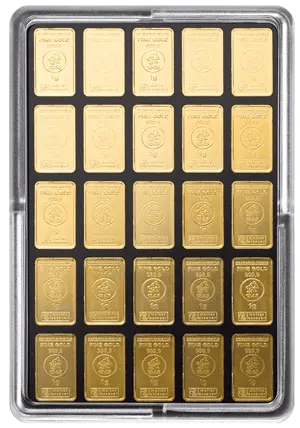 Vorderseite Goldbarren UnityBar25x1 Gramm in durchsichtiger Plastikkapsel, der Hersteller Heimerle & Meule