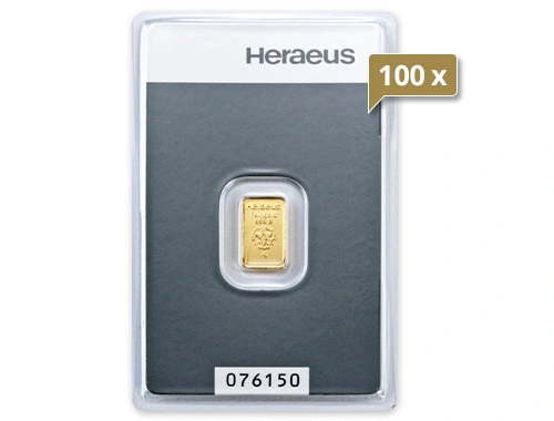 100 x 1 g Goldbarren Heraeus