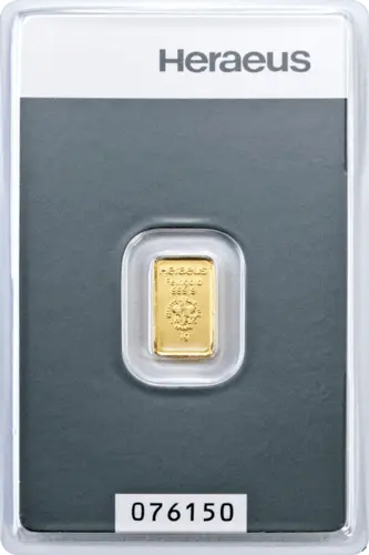 Vorderseite Goldbarren 1 Gramm in spezieller Blisterkarte mit Zertifikat, der Hersteller Heraeus