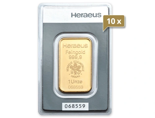 10 x 1 Unze Goldbarren Heraeus