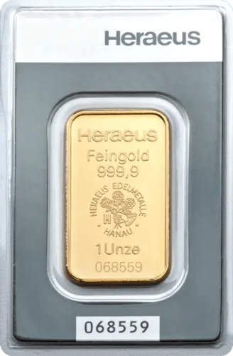 Vorderseite Goldbarren 1 Unze in spezieller Blisterkarte mit Zertifikat, der Hersteller Heraeus