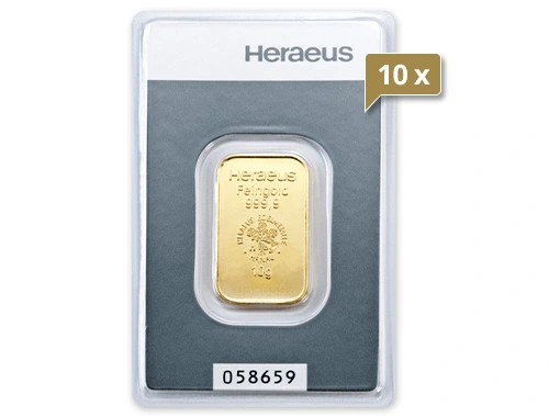 25 x 10 g Goldbarren Heraeus