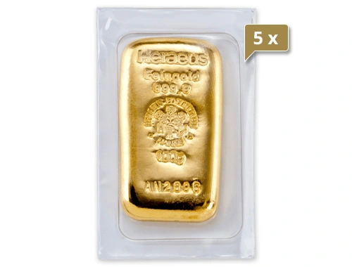 5 x 100 g Goldbarren Heraeus gegossen