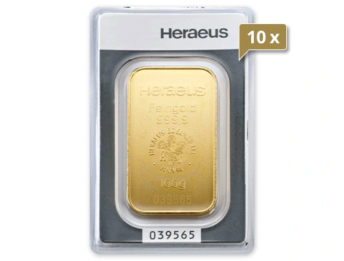 10 x 100 g Goldbarren Heraeus geprägt