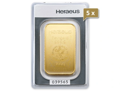 5 x 100 g Goldbarren Heraeus geprägt