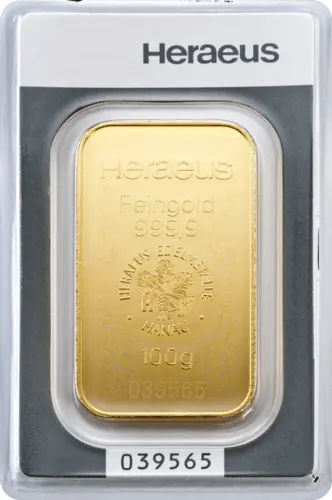 Vorderseite Goldbarren 100 Gramm in spezieller Blisterkarte mit Zertifikat, der Hersteller Heraeus