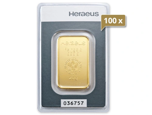 100 x 20 g Goldbarren Heraeus