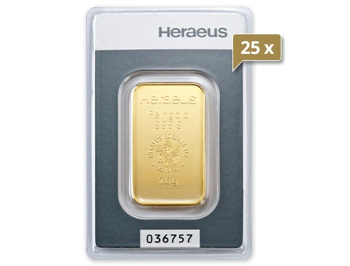 25 x 20 g Goldbarren Heraeus