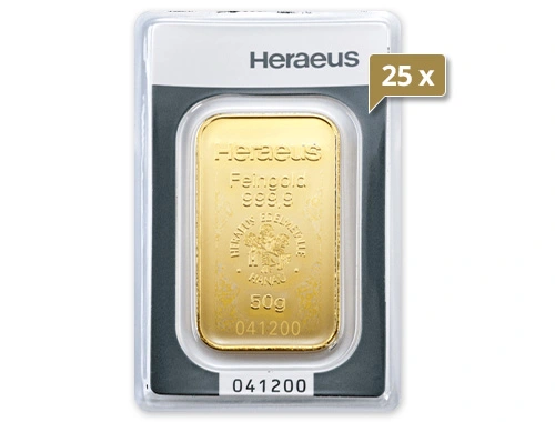 25 x 50 g Goldbarren Heraeus