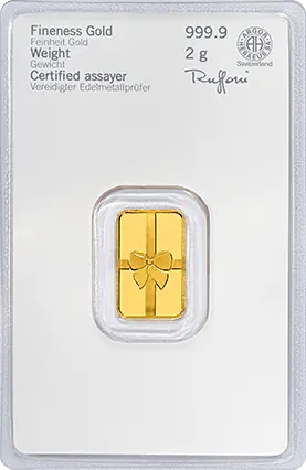 Rückseite Geschenkgoldbarren 2 Gramm in spezieller Blisterkarte mit Zertifikat, der Hersteller Heraeus