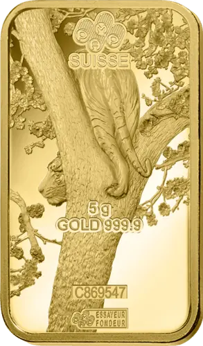 Rückseite Goldbarren Suisse Lunar Tiger 2022 5 Gramm, der Hersteller PAMP